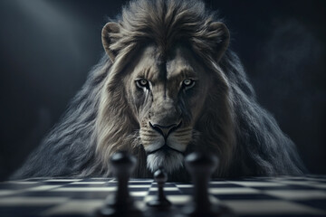 The Royal Lion King chess pieces on a chess board, winner of bussiness and successfully, management or leadership strategy and teamwork concept. Generative Ai - 589285125