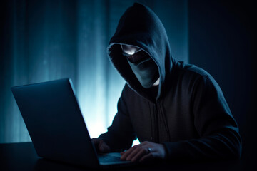 Hacker with black hoodie is making a cybercrime