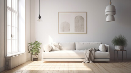 White minimalist room interior with sofa on a wooden floor, decor on a large wall. Generative Ai