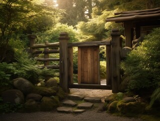 A warm and inviting view of a traditional wooden gate in a Japanese garden