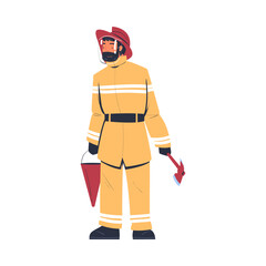 Professional firefighter with bucket and axe. Fireman character in uniform and hat with rescue equipment. Rescue emergency service in action cartoon vector illustration