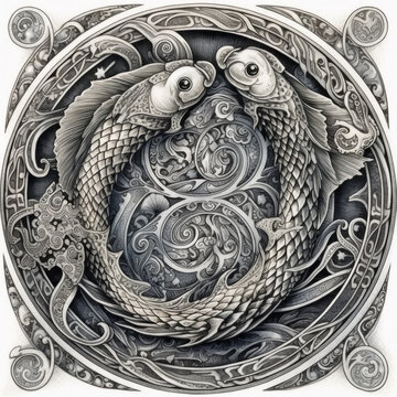  Celtic-style black and white zodiac sign Pisces created with generative AI technology