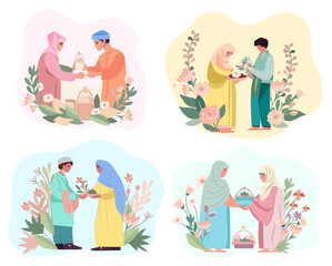 Eid Mubarak. A devout Muslims pray namaz and exchanging presents, extending congratulations to one another. Great for cards, posters, banner. Vector Illustration. Vector illustration.