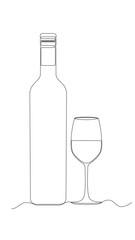 One continuous line drawing of wine bottle and wine glass in silhouette sketch on white background. Simple linear style. Doodle vector illustration