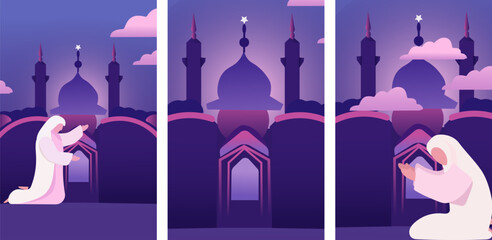 Eid Mubarak. A devout Muslims pray namaz or salah with Mosque Silhouette Backdrop. Great for cards, posters, banner. Vector Illustration
