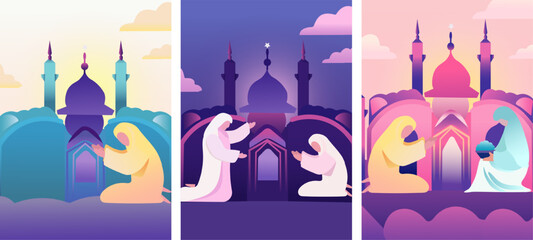 Eid Mubarak. A devout Muslims pray namaz or salah with Mosque Silhouette Backdrop. Great for cards, posters, banner. Vector Illustration © YustynaOlha