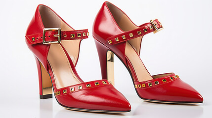 Pair of fashionable high heel leather red cut-out female shoes with golden buckles isolated