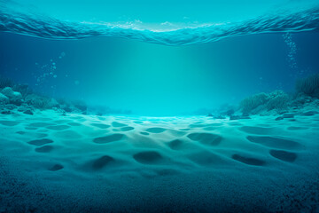 Fototapeta na wymiar Background of an expansive underwater blue ocean with a sandy sea floor. Generative AI