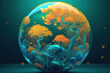 Fantasy 3D Globe with Plant and Water Cover in Molecular, Abstract, and Contemporary Glass Style