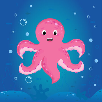 A card or poster with Cartoon pink Octopus in the ocean, underwater world, vector illustration