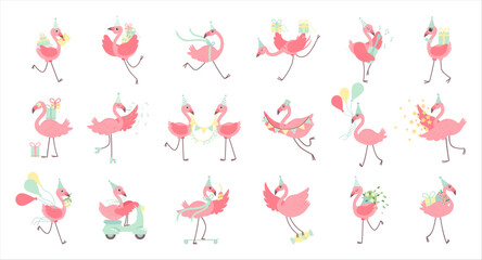 Beautiful pink flamingos set. Cute flamingo in different situations, exotic bird characters cartoon vector illustration © topvectors