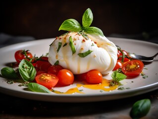 Burrata cheese with fresh basil and cherry tomatoes, selective focus.