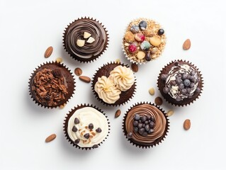 Chocolate cupcakes with nuts on a white background, top view