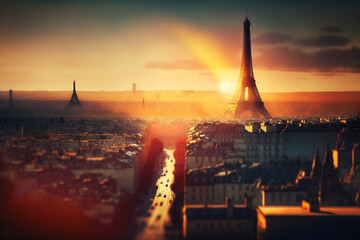 Generative Ai of sunrise in Paris with the Eiffel tower.