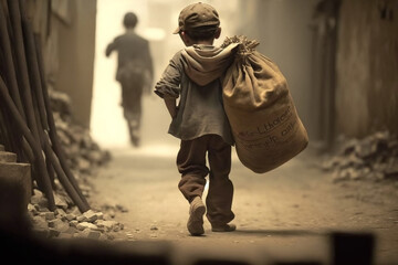 Generative AI of a poor child carrying a bag, image representing child labor. 