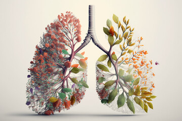 Generative AI of human lungs and nature roots and foliage on white background. 