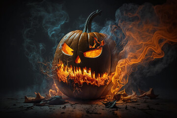 Generative Ai of a Jack-o-lantern pumpkin on fire. 
