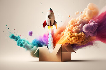 Rocket taking off from a cardboard box with colorful smoke on white. Generative AI.  - obrazy, fototapety, plakaty
