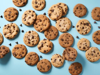 Chocolate chip cookies on blue background, top view. Sweet food