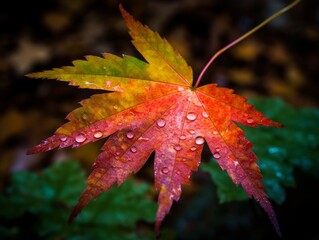 A vibrant and colorful view of a maple leaf in a Japanese garden