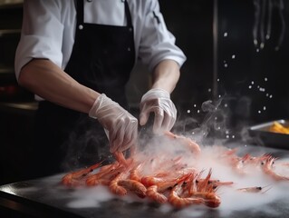 Chef cooking shrimps in restaurant kitchen, closeup.