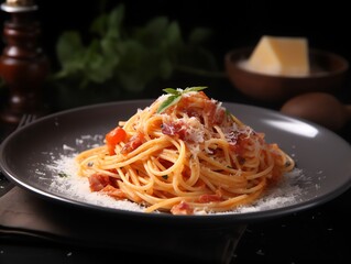 Spaghetti carbonara with parmesan cheese and tomato on black background