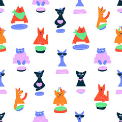 Vector seamless pattern with pets. Hand drawn funny hungry cats waiting for food. Different cats with empty plates and bowls. A cool cat with glasses, a fat cat with a cap, a ridiculous fluffy cat