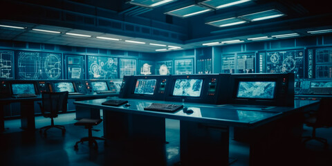 Data processing monitor room with no people. Modern equipment switched on to analyze graphs and schemes on the screens. Generative AI.