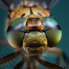 macro of a dragon-fly showing its faceted eyes in multiple colors - Generative AI