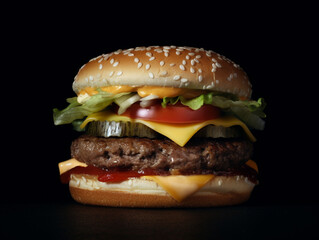 Classic hamburger with beef, bun, cheese, lettuce, tomato for lunch or dinner. Fastfood on dark background for National Burger Day, Fast Food Day or Cheeseburger Day. Generative AI