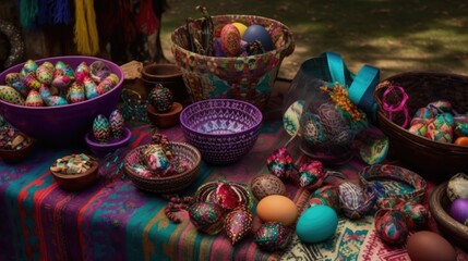 Fototapeta na wymiar Happy Easter eggs in colorfully painted, patterned baskets and pots on the Bohemian Inspired Table, linen napkins