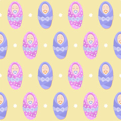 Vector seamless soft pastel pattern with newborn babies wrapped in blankets and with pacifiers. 