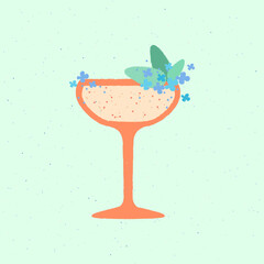 Margarita glass. Refreshing cocktail with mint and flower. Delicate drink for bar and party. Champagne for the event. Flat vector illustration with texture. simple retro cocktail poster