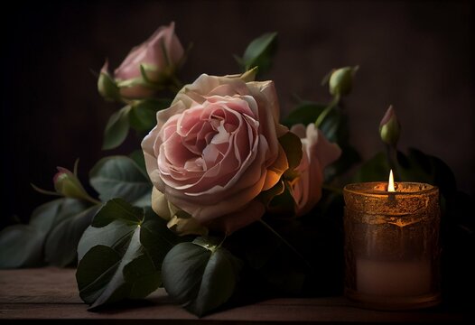 PINK ROSE AND LIGHTED CANDLES IN THE BACKGROUND. DEEPEST SYMPATHY. CONDOLENCE CARD. ALL SOULS DAY CONCEPT. Generative AI