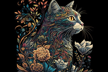 Floral pattern cat. Cat in flowers. AI generation