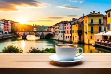Fototapeta premium A cup of coffee on table with Italian town at the background