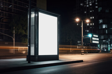 Blank white vertical digital billboard poster on city street bus stop sign at night. AI generated - obrazy, fototapety, plakaty