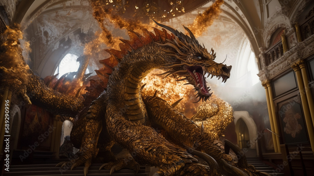 Sticker a massive dragon breathing fire in a castle generative ai