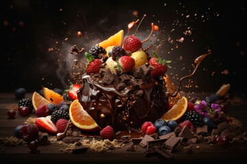 Illustration of a chocolate dessert combined with fruit. AI generated - obrazy, fototapety, plakaty
