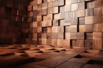 Natural wooden background. Wood blocks. Wall Paneling texture. Wooden squares. AI generated
