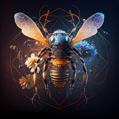 Artistic symmetrical top view of a futuristic bee with flowers and dreamcatcher styled background