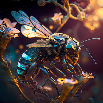 Macro view of a cyberpunk futuristic bee flying between flowers in a morning daylight. Reflective eyes and depth of field. 