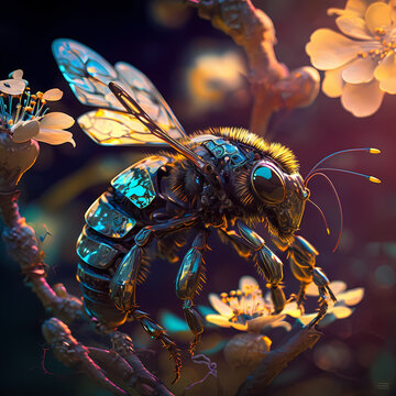 Macro view of a cyberpunk bee flying in the morning sunlight