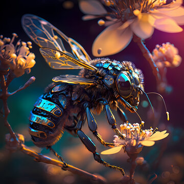 Macro view of a cyberpunk armoured bee landing on a yellow flower pollinating 