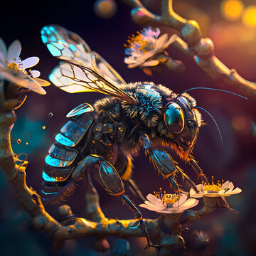 Macro view of a cyberpunk futuristic bee flying with morning daylight