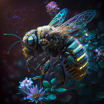 Macro view of a cyberpunk bee hoovering over a flower early morning or night with green leaves and purple flowers on the background