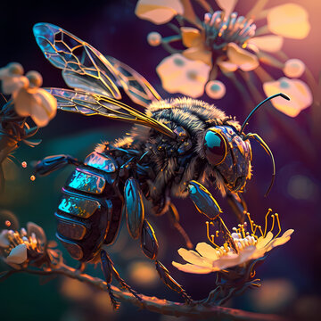 Macro view of a cyberpunk bee landing on a flower pollinating the stamen on pollen tubes