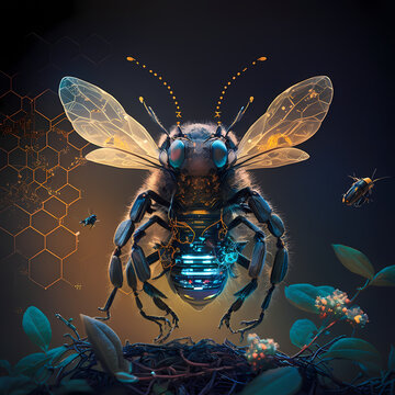 Artistic symmetrical top view of a futuristic bee with flowers and hexagonal styled background