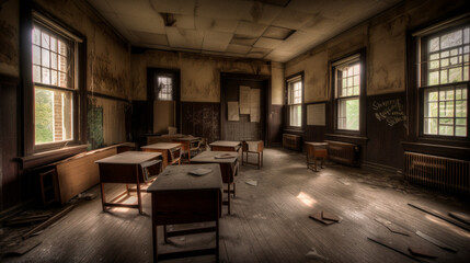 Fototapeta na wymiar A haunted abandoned school with twisted foreboding Generative AI
