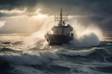 Dramatic Image of Warship Crashing Through High Waves in Rough Seas